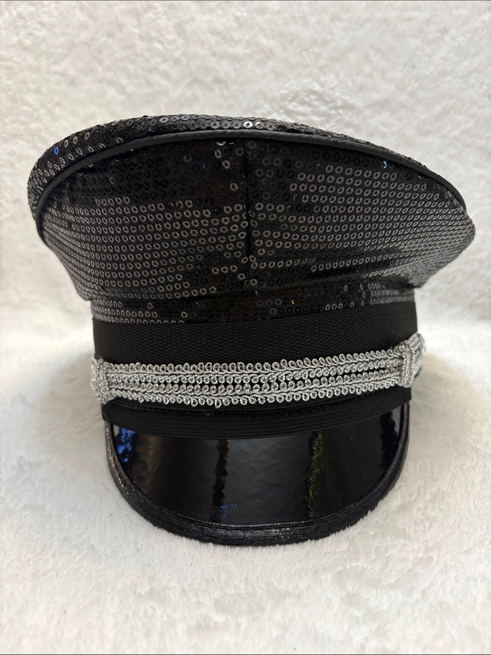 Black Sequin Police Style Cap with Silver Trim Detail
